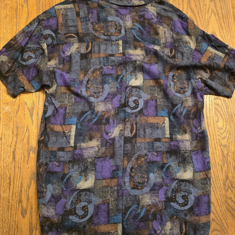 Vintage 1980s Stefano Man Abstract Rayon Shirt XL Geometric Purple Teal Button - Picture 4 of 5